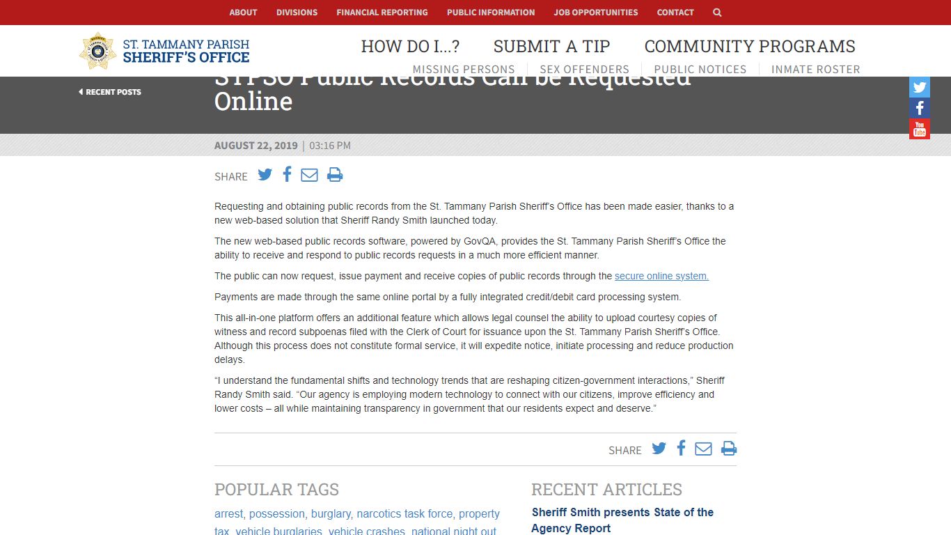 STPSO Public Records Can be Requested Online | Homepage | St. Tammany ...